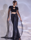 Black Embellished Jeevon Cape Set with Cut-Out Blouse, Satin Drape Skirt & Net Trail Cape