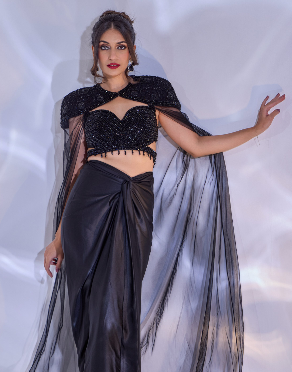 Black Embellished Jeevon Cape Set with Cut-Out Blouse, Satin Drape Skirt & Net Trail Cape_2
