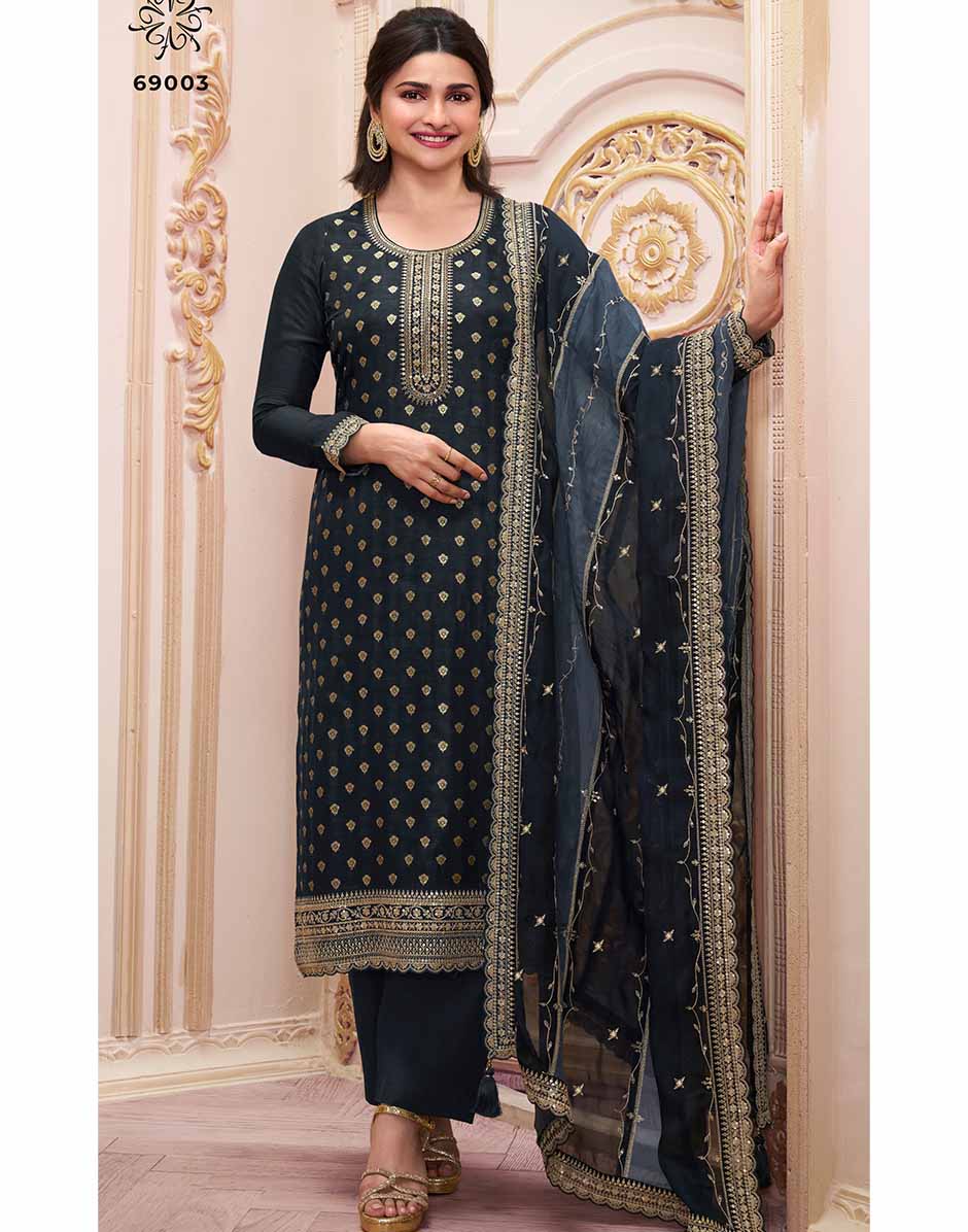 Black Embroidered Dola Jacquard Kurta, Bottom & Dupatta Set