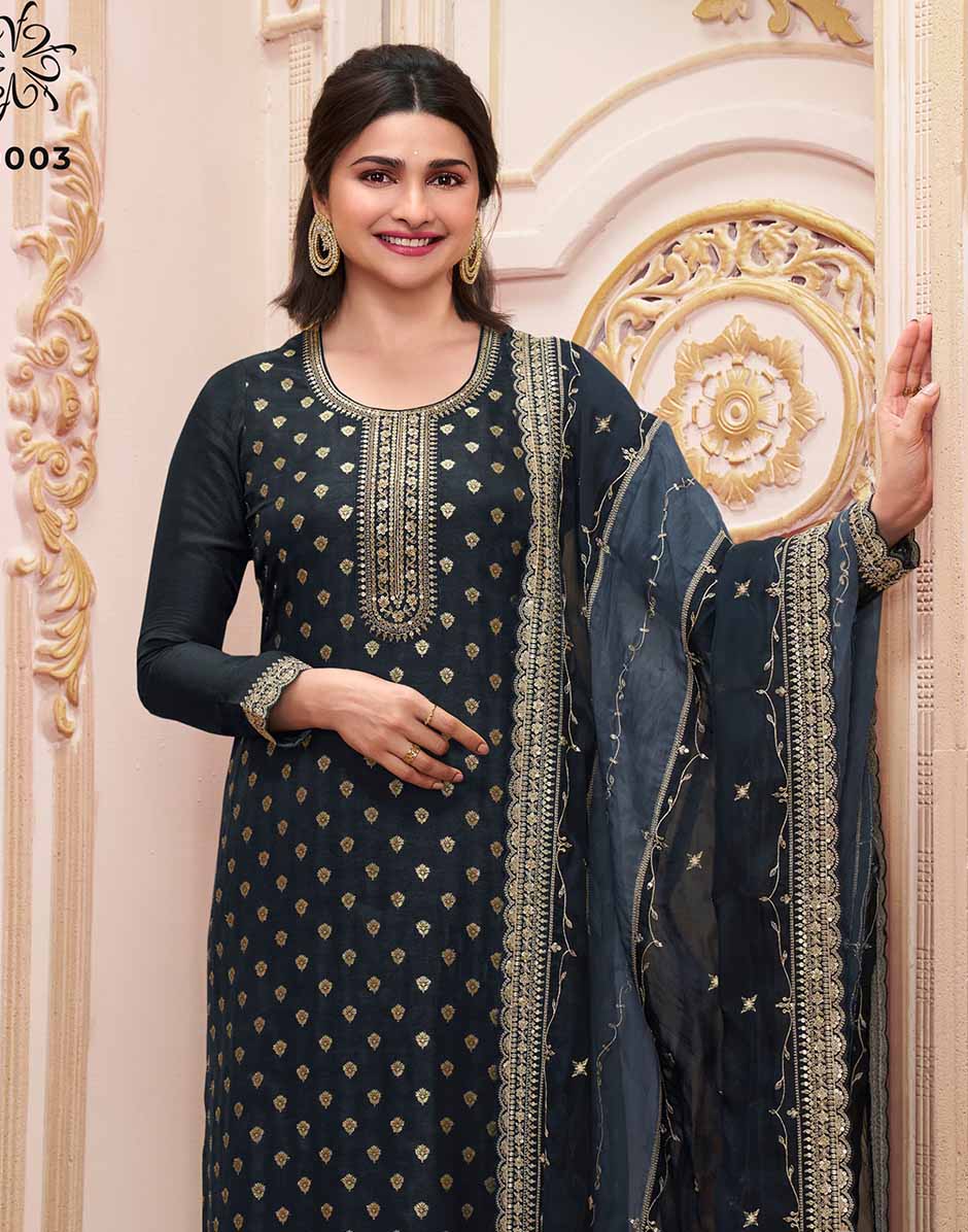 Black Embroidered Dola Jacquard Kurta, Bottom & Dupatta Set