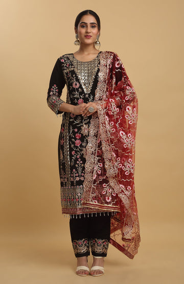 Black Georgette Embroidered Floral Round Kurta Set For - Rent