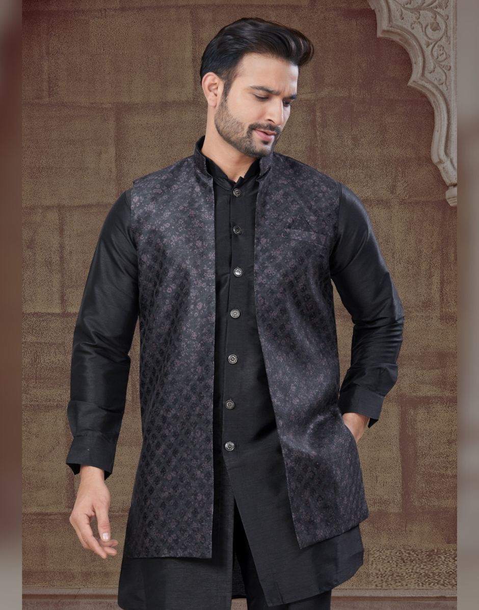 Grey Kurta Pajama With Black Jacket Black Jacquard Open Jacket