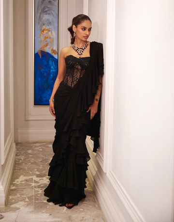 Black Net Corset with Hand Embroidery & Pre-Draped Ruffle Saree Perfect for Parties, Receptions & Festive Nights