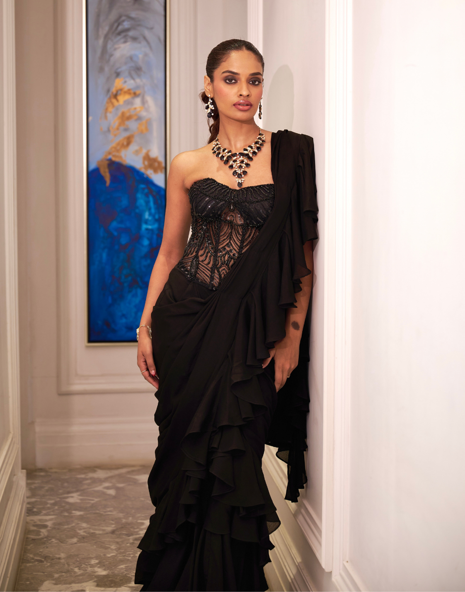 Black Net Corset with Hand Embroidery & Pre-Draped Ruffle Saree Perfect for Parties, Receptions & Festive Nights Black / XS / 5 Days