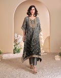 Black Pure Viscose Crepe & Organza Silk Kaftan Trendy Tulip Style with Hand Mirror & Gota Patti Embroidery - Buy