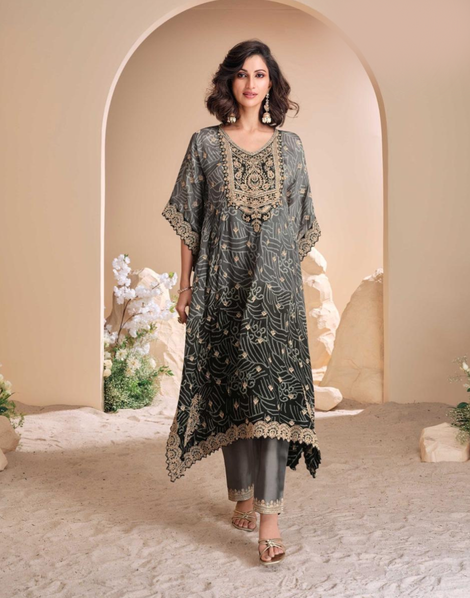 Black Pure Viscose Crepe & Organza Silk Kaftan Trendy Tulip Style with Hand Mirror & Gota Patti Embroidery - Buy