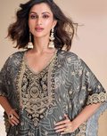 Black Pure Viscose Crepe & Organza Silk Kaftan Trendy Tulip Style with Hand Mirror & Gota Patti Embroidery - Buy_1