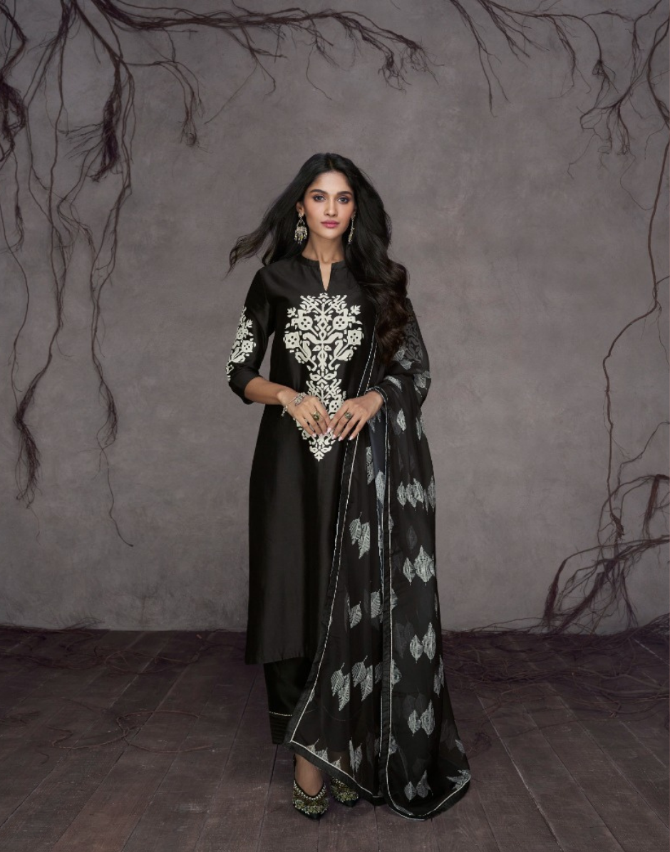 Black Silk Top & Bottom Set with Soft Organza Silk Dupatta Elegant & Sophisticated