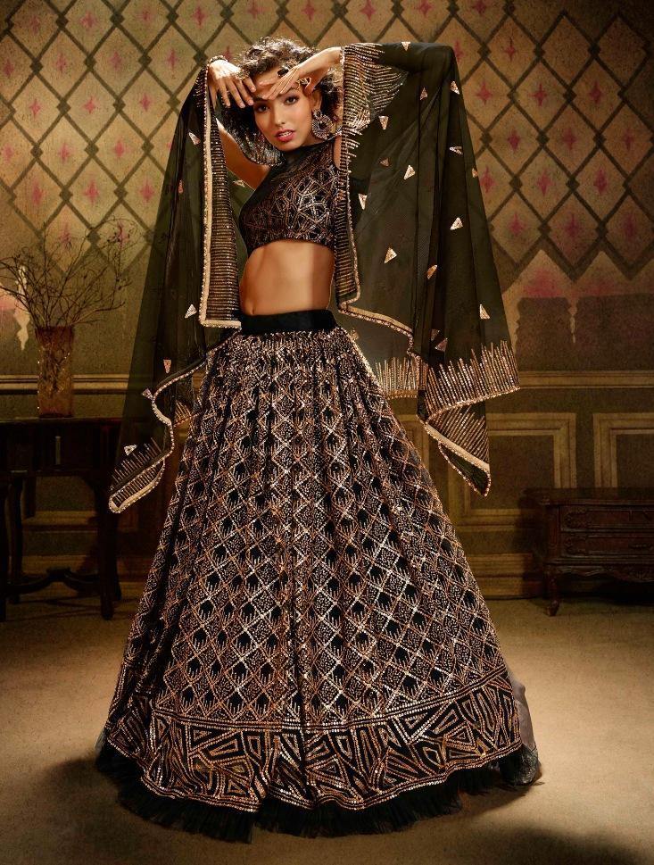 Black Soft Net Bridal Wear Lehenga Set