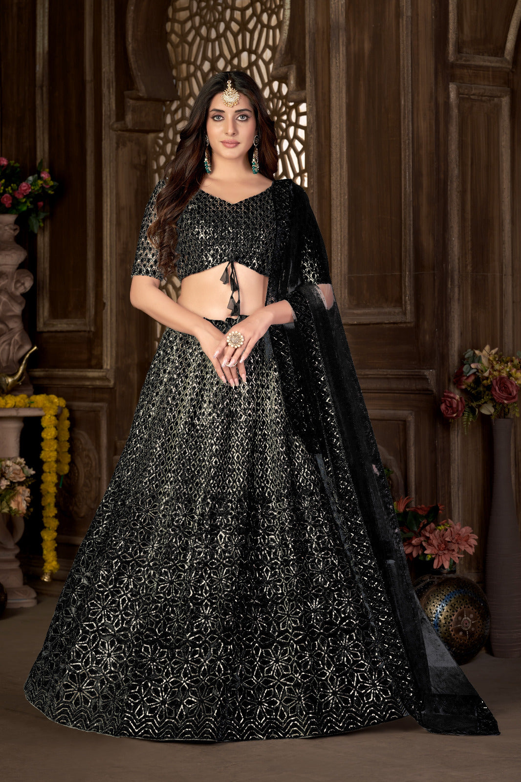 Black Sparkle Embroidery Net Lehenga - Rent