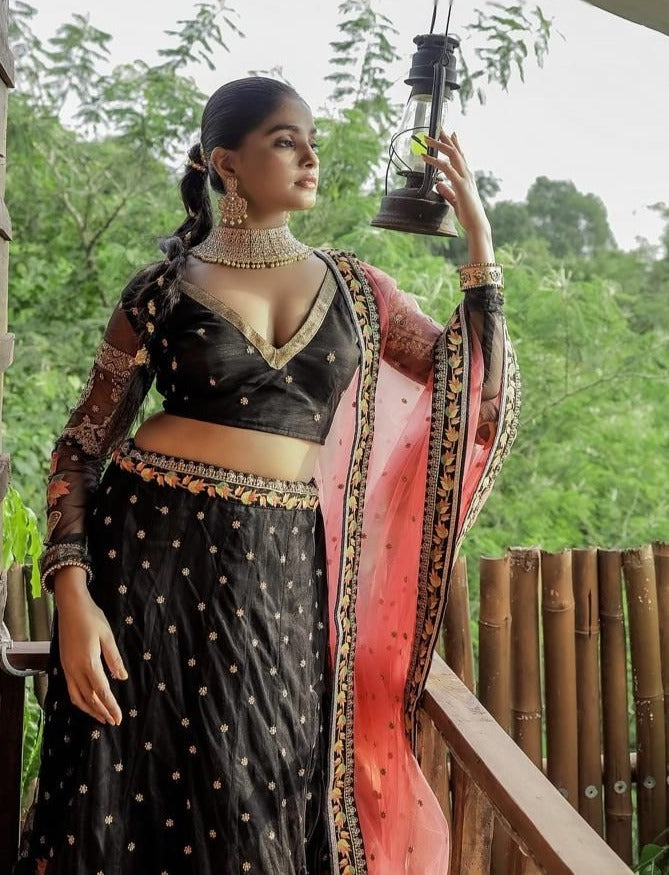 Black Spotted Lehenga With Baby Pink Dupatta set- Rent