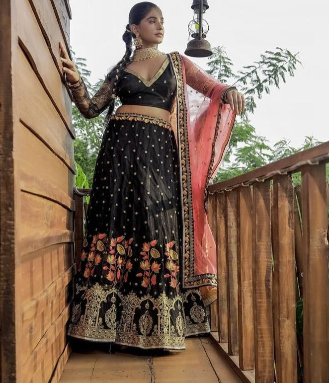 Black Spotted Lehenga With Baby Pink Dupatta set- Rent