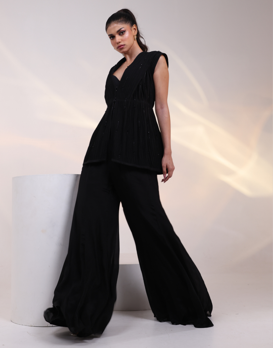 Black Three-Piece Co-Ord Set with Bustier Structured Overlay & Ankle Length Flared Pants_1