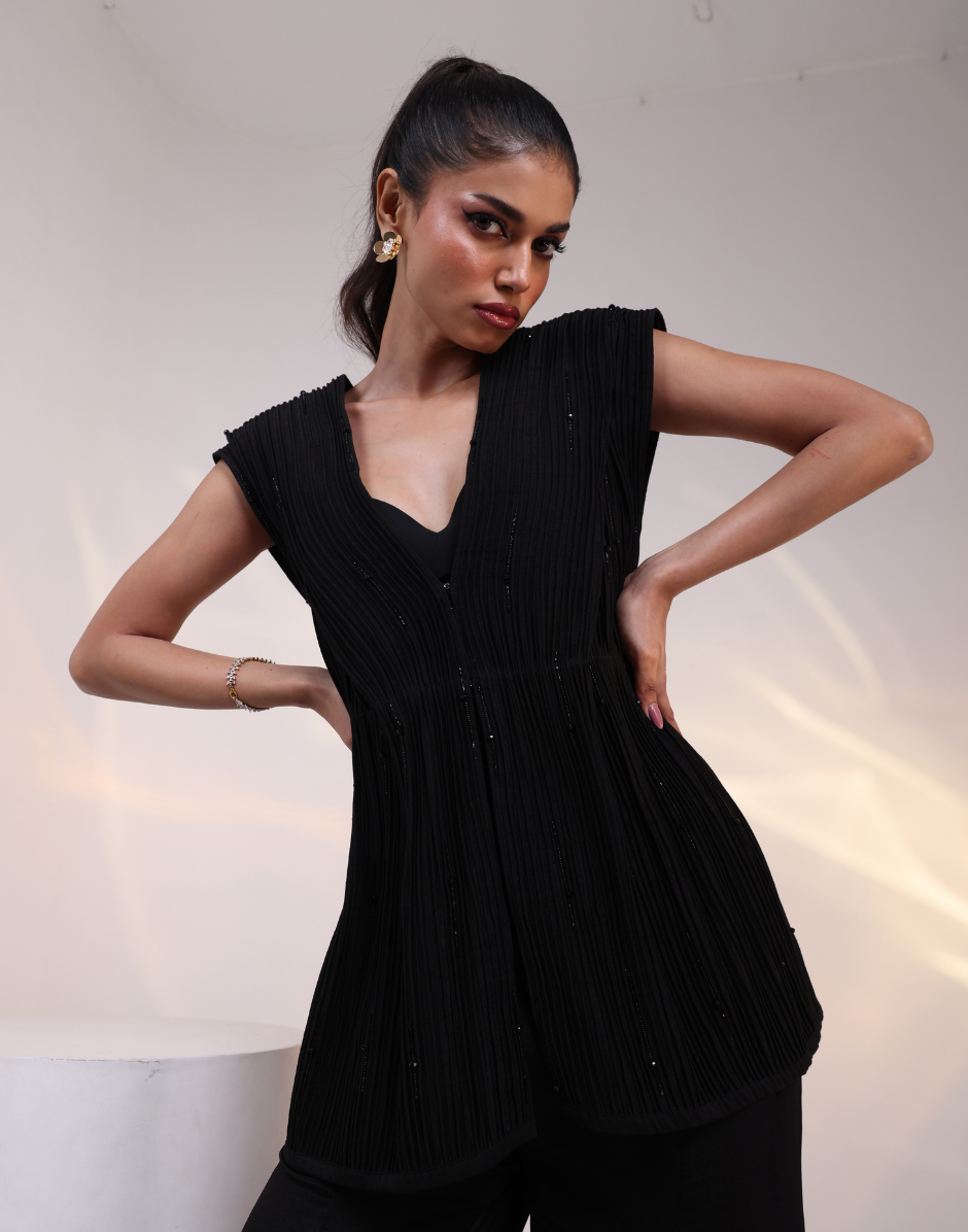 Black Three-Piece Co-Ord Set with Bustier Structured Overlay & Ankle Length Flared Pants_3