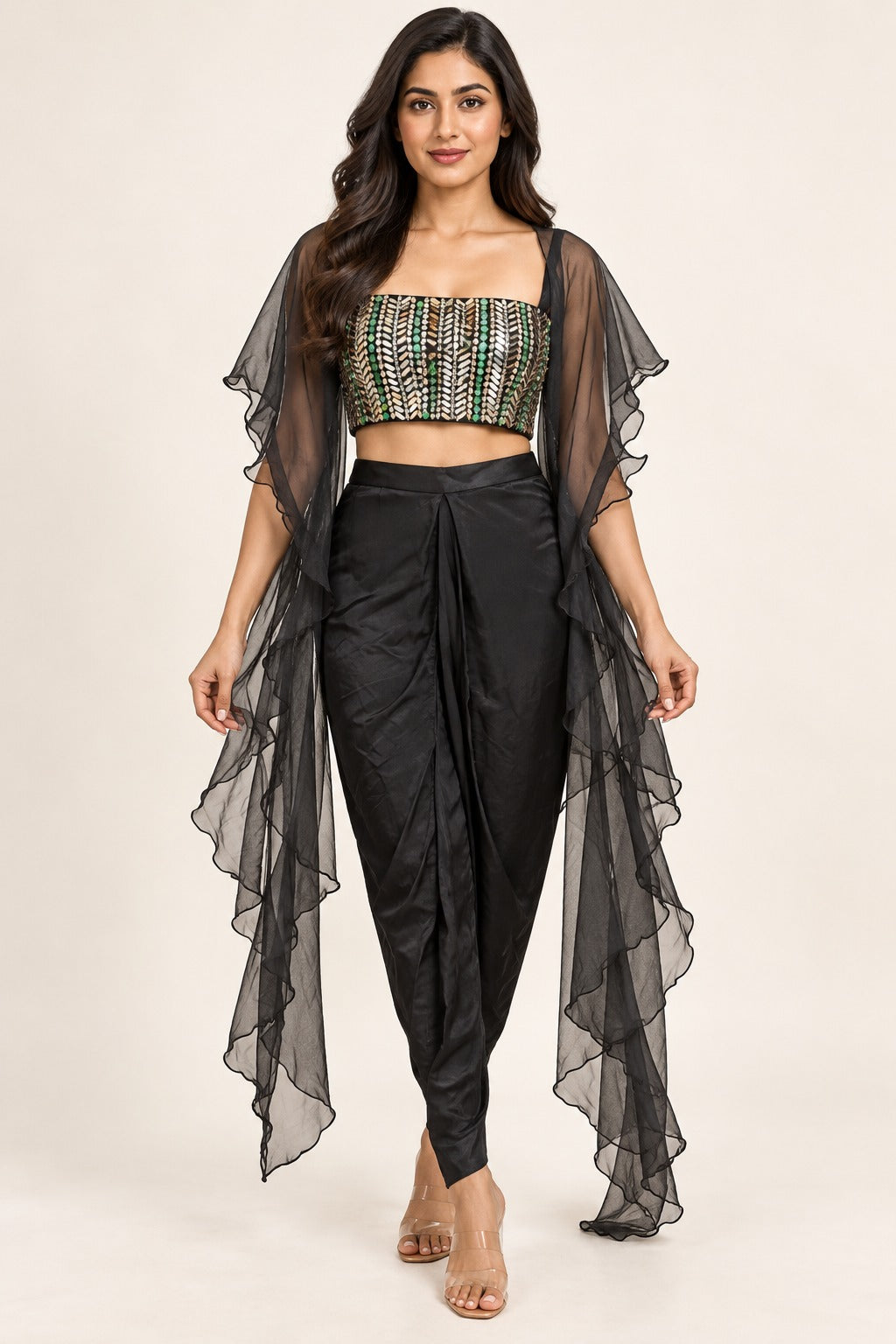 Black Satin Trouser Set with Embellished Crop Top - RENT