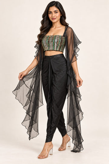 Black Satin Trouser Set with Embellished Crop Top - RENT