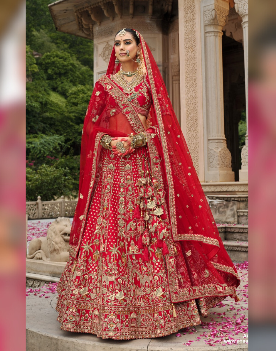 Blazing Beauty Red Bridal Silk Lehenga with Heavy Khatli Embroidery - Buy