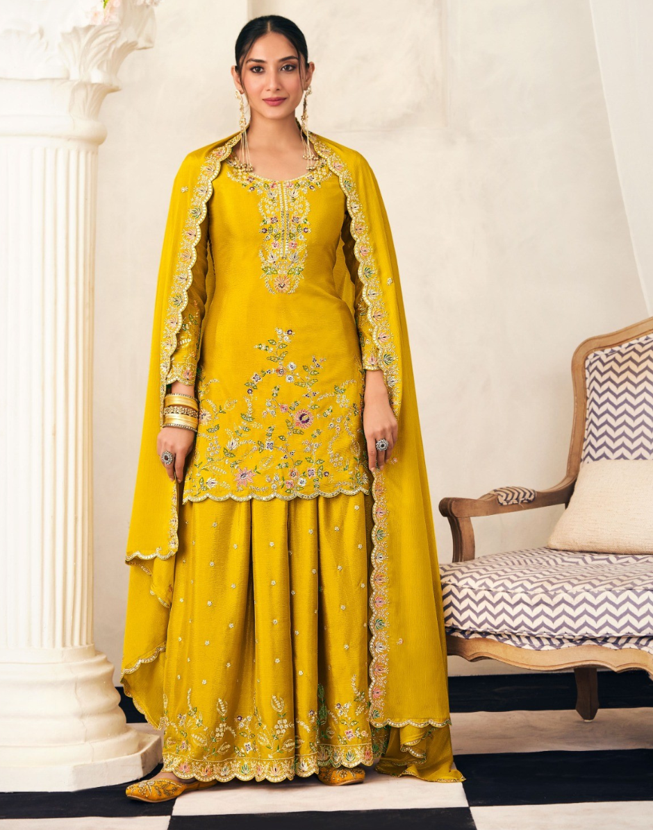 Blooming Chinon Top Palazzo Dupatta Set with Thread & Zarkan Work Designer Festive Wear - Buy