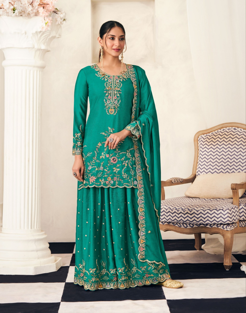 Blooming Chinon Top Palazzo Dupatta Set with Thread & Zarkan Work Designer Festive Wear - Buy