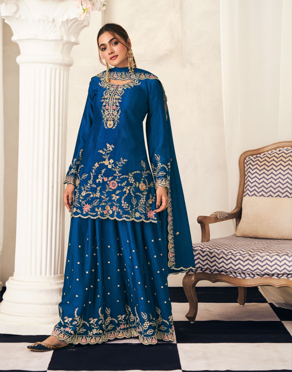 Blooming Chinon Top Palazzo Dupatta Set with Thread & Zarkan Work Designer Festive Wear - Buy_5