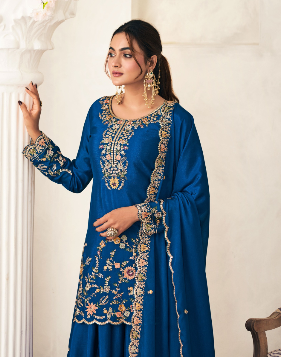 Blooming Chinon Top Palazzo Dupatta Set with Thread & Zarkan Work Designer Festive Wear - Buy_6