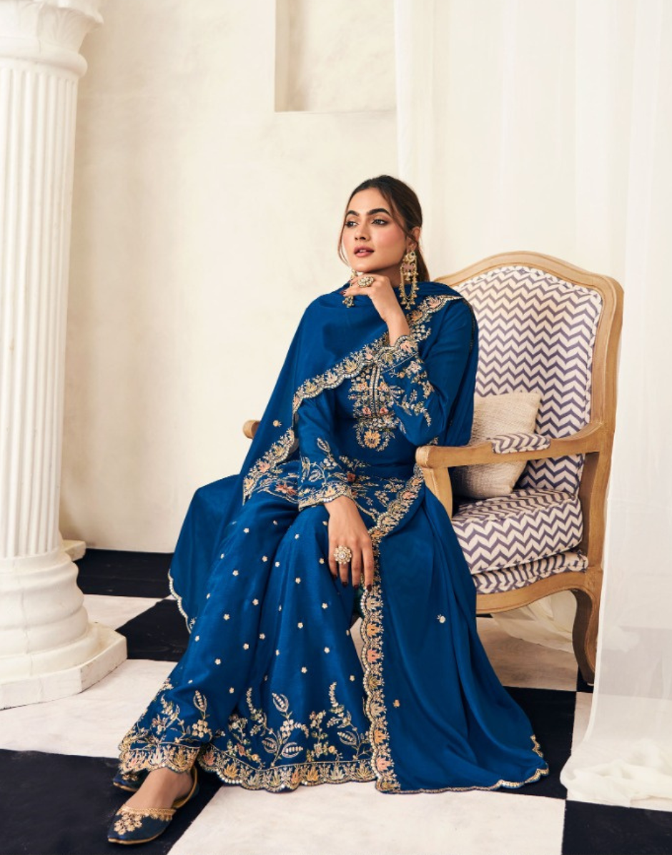 Blooming Chinon Top Palazzo Dupatta Set with Thread & Zarkan Work Designer Festive Wear - Buy_7