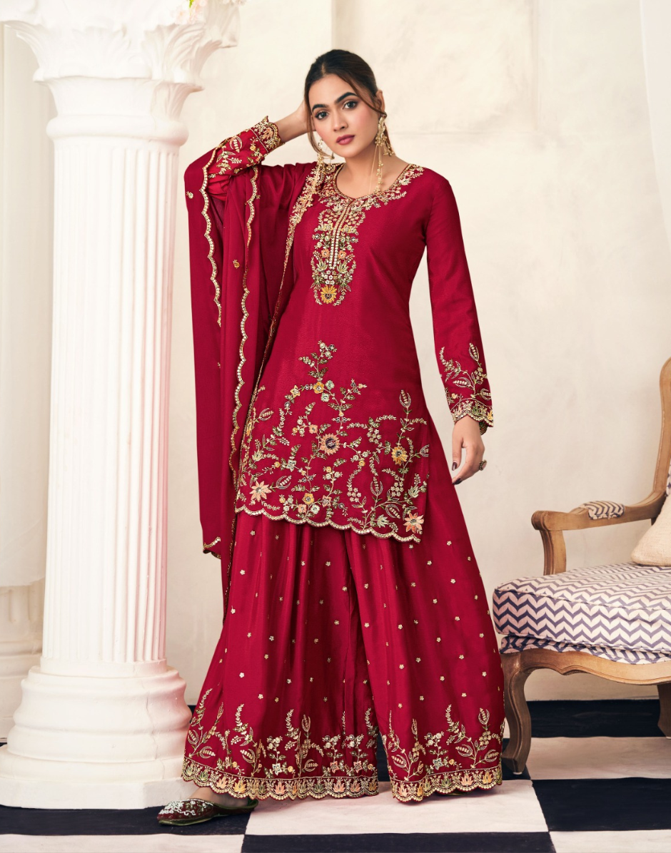 Blooming Chinon Top Palazzo Dupatta Set with Thread & Zarkan Work Designer Festive Wear - Buy_8