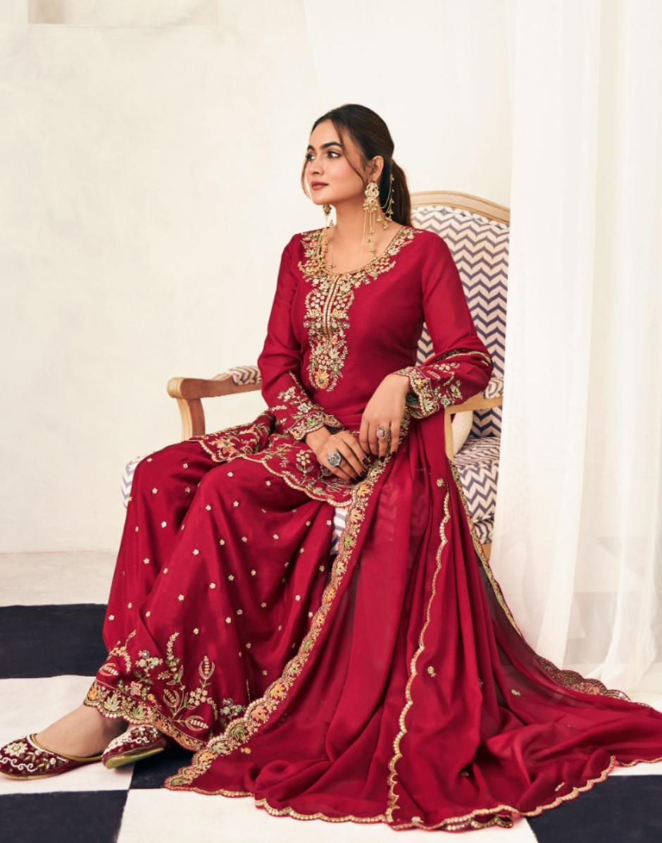 Blooming Chinon Top Palazzo Dupatta Set with Thread & Zarkan Work Designer Festive Wear - Buy_9