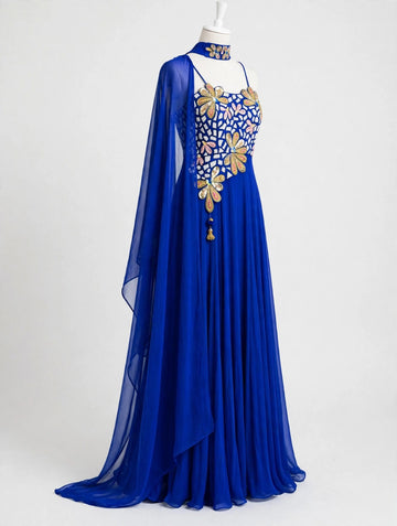 Royal Blue Georgette Embroidered Crop Top Lehenga – RENT