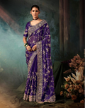 Blue Aari Work Saree Fancy Fabric with Handcrafted Embroidery and Matching Blouse - Buy