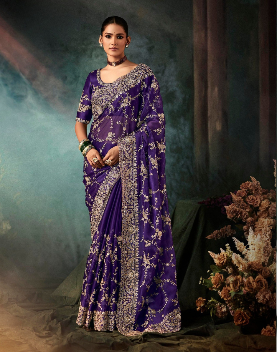 Blue Aari Work Saree Fancy Fabric with Handcrafted Embroidery and Matching Blouse - Buy