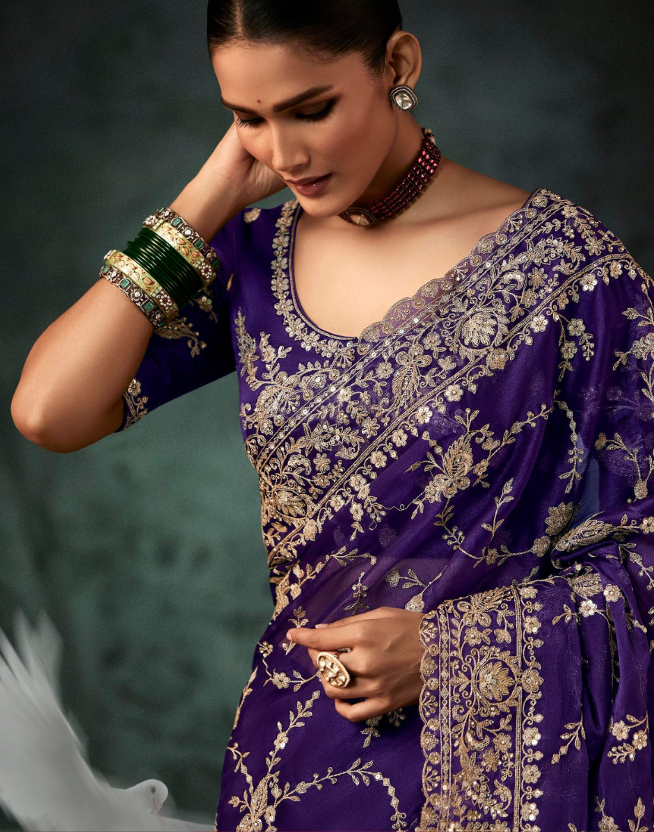 Blue Aari Work Saree Fancy Fabric with Handcrafted Embroidery and Matching Blouse - Buy_1