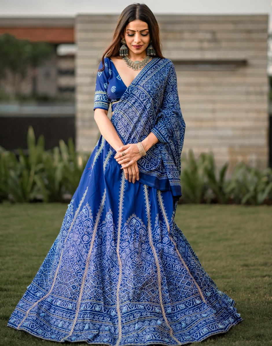 Blue Bandhani Printed Lehenga with Gota Patti Work & Dupatta Perfect for Weddings & Festive Celebrations - Buy