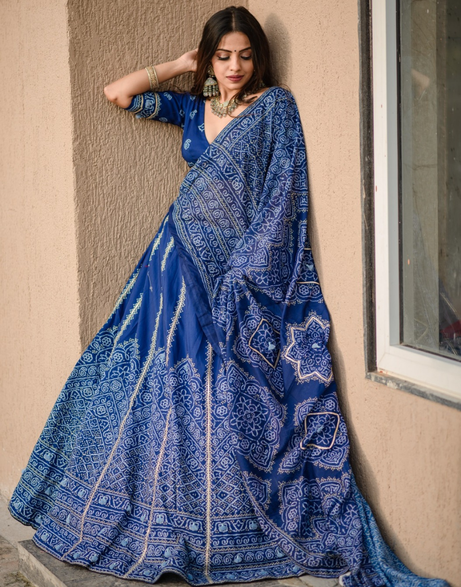 Blue Bandhani Printed Lehenga with Gota Patti Work & Dupatta Perfect for Weddings & Festive Celebrations - Buy
