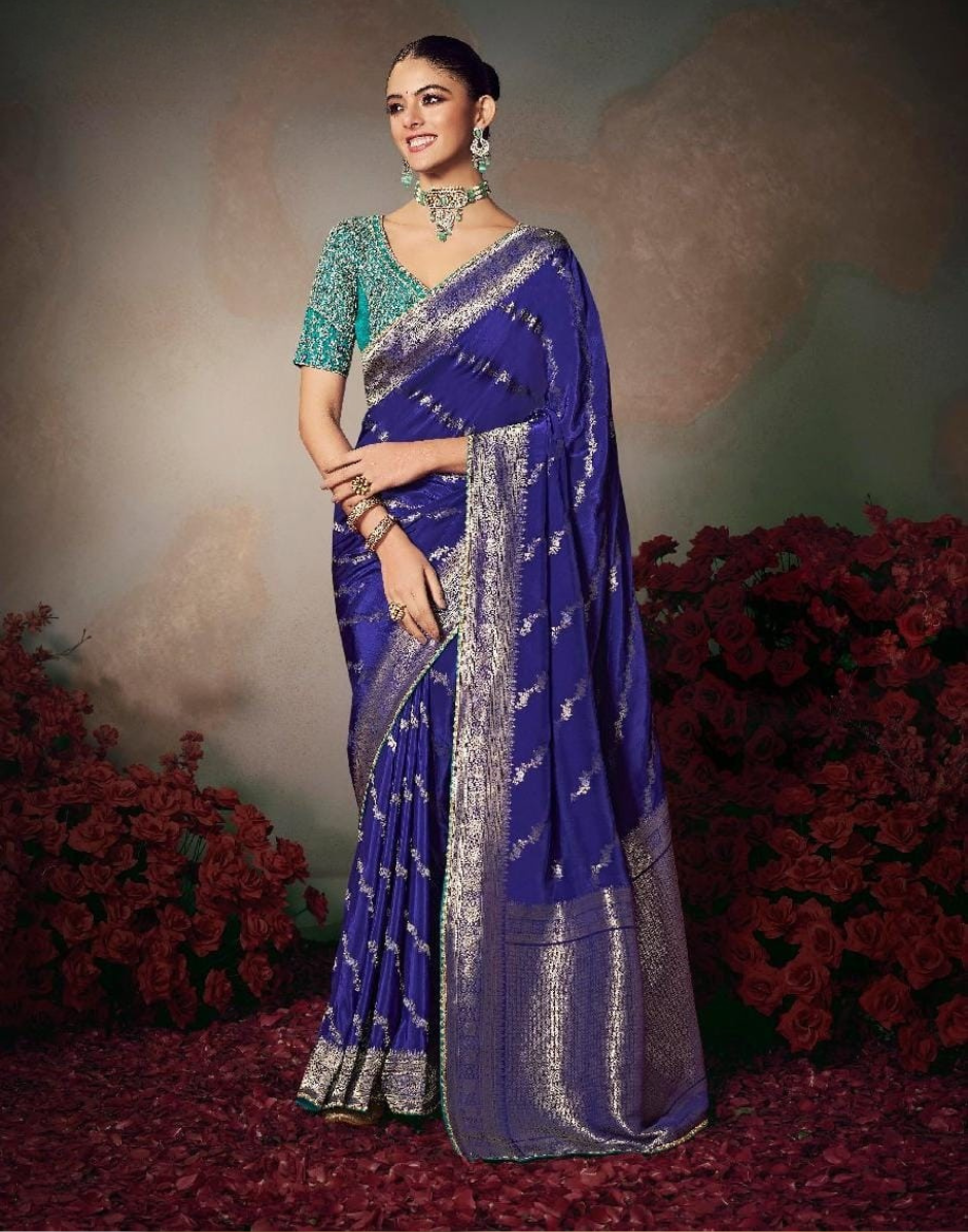 Blue Bridal Special Chiniya Silk Saree with Heavy Designer Work Blouse