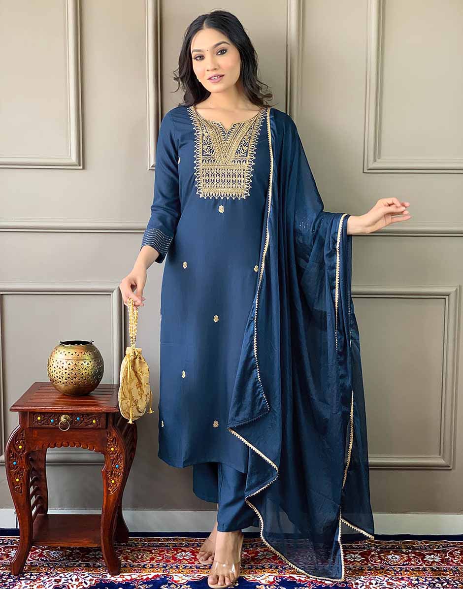 Blue Embroidered & Embellished Rayon Kurta Pant with Dupatta