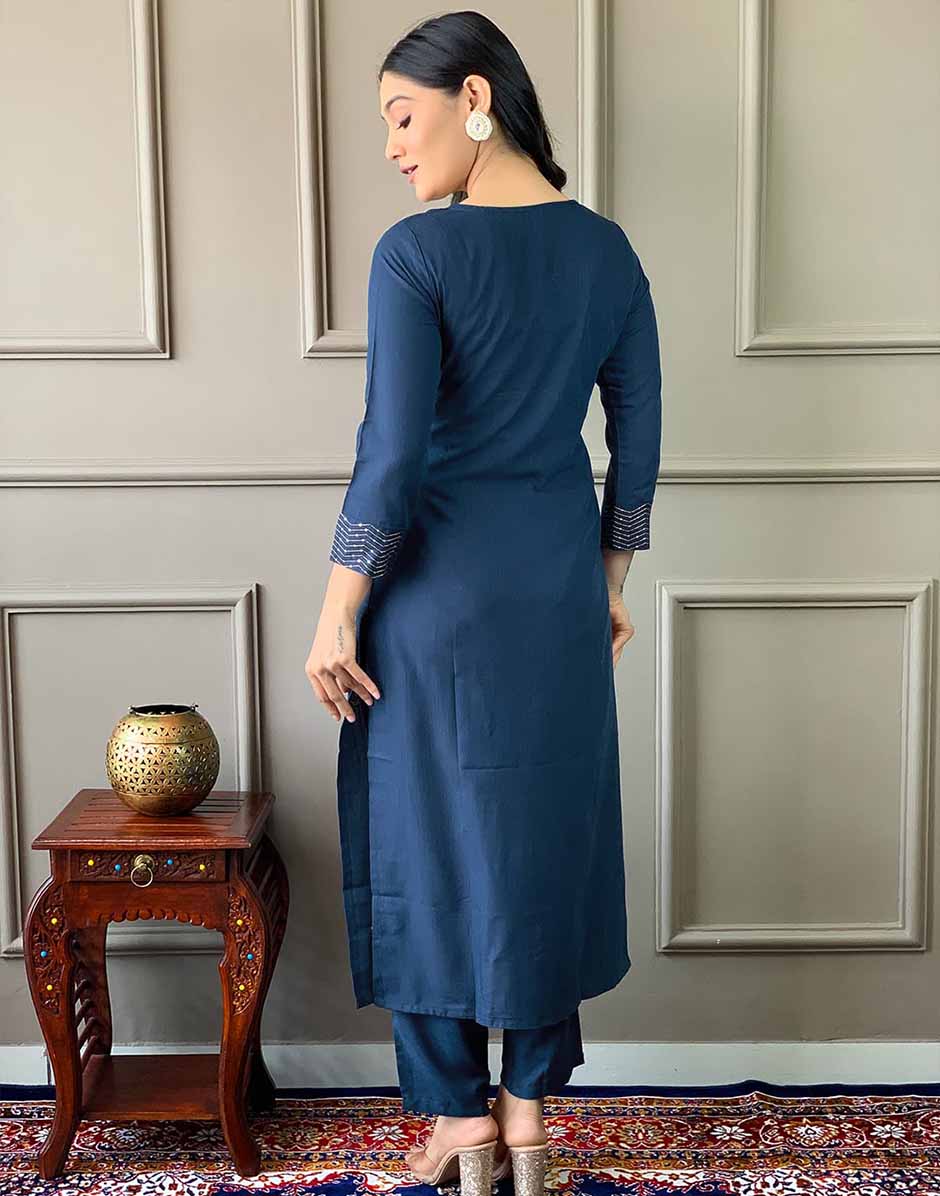 Blue Embroidered & Embellished Rayon Kurta Pant with Dupatta