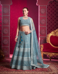 Blue Hand Embroidered Lehenga Set with Mirror Highlights & Latkan Tassels - Buy
