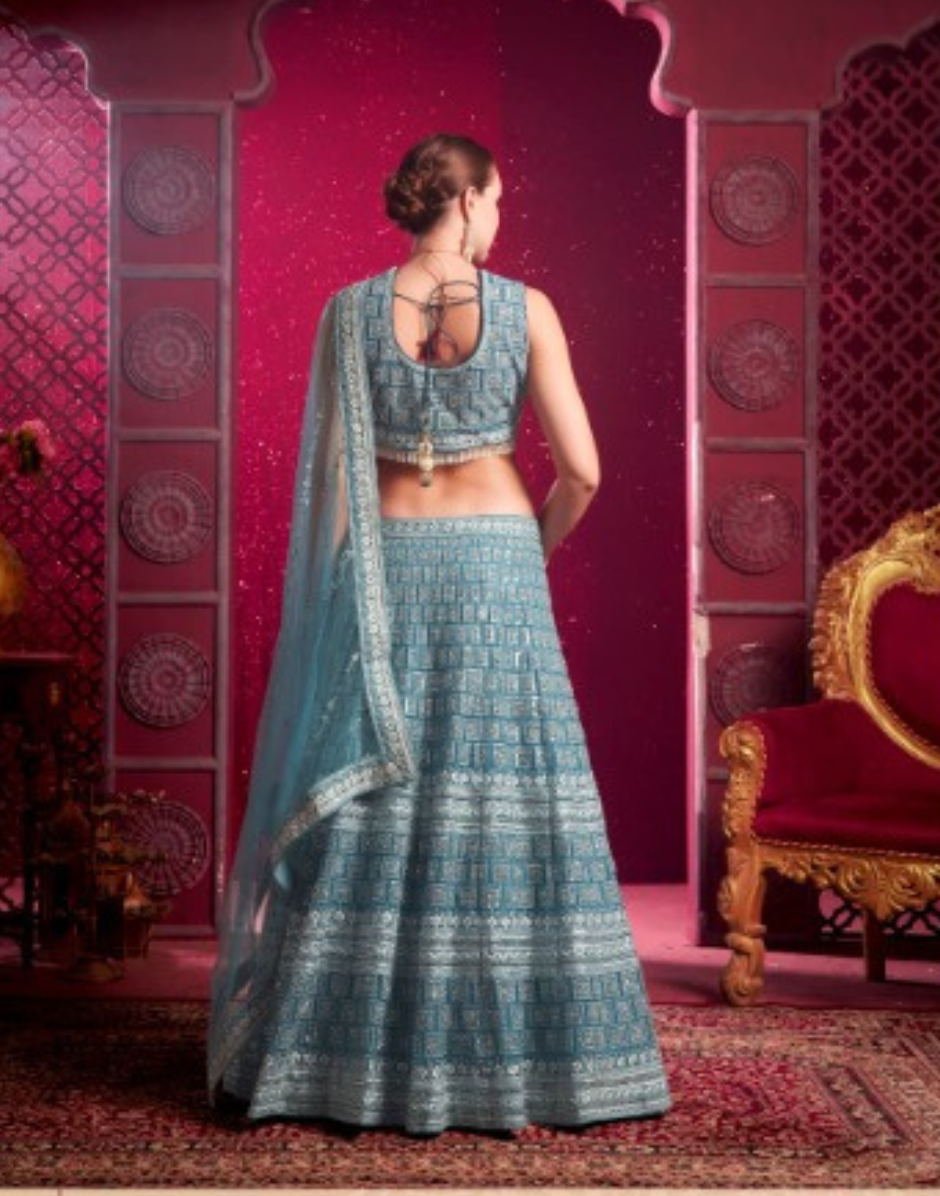 Blue Hand Embroidered Lehenga Set with Mirror Highlights & Latkan Tassels - Buy_1