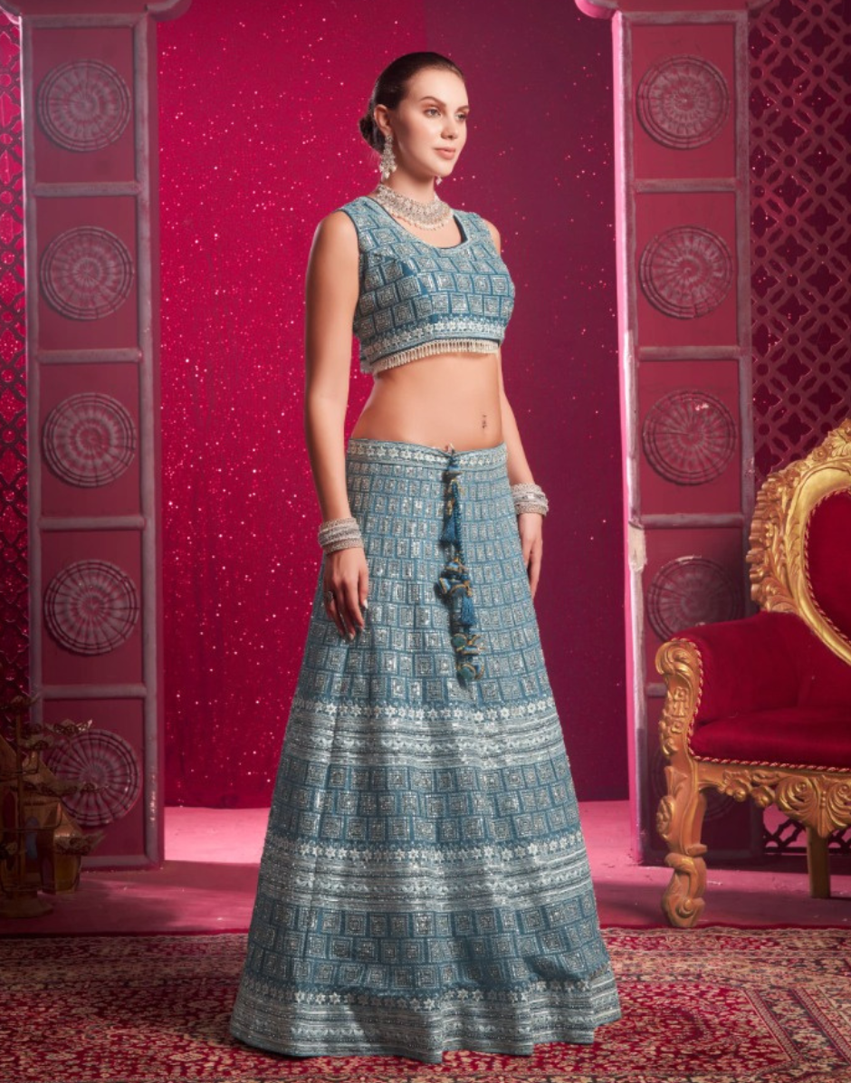 Blue Hand Embroidered Lehenga Set with Mirror Highlights & Latkan Tassels - Buy_2