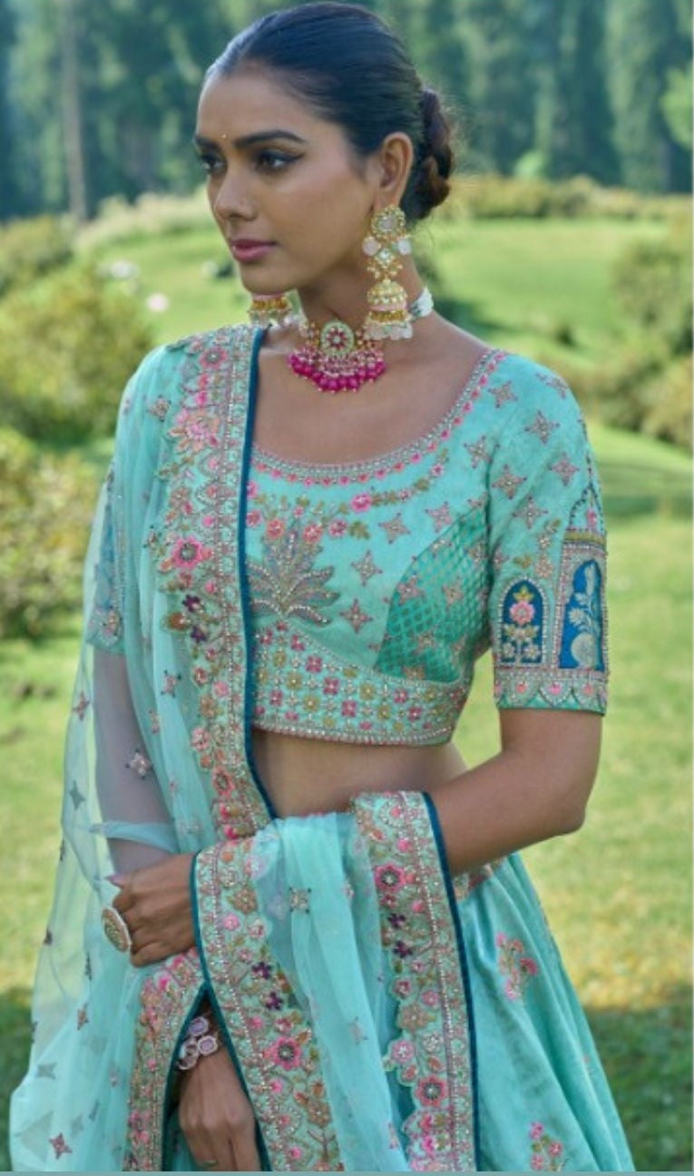 Blue Heavy Embroidery Trendy Motif Lehenga Choli Set - Rent_2
