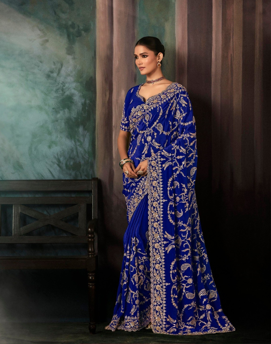 Blue Premium Fancy Saree Aari & Handwork Embroidery with Matching Blouse - Buy