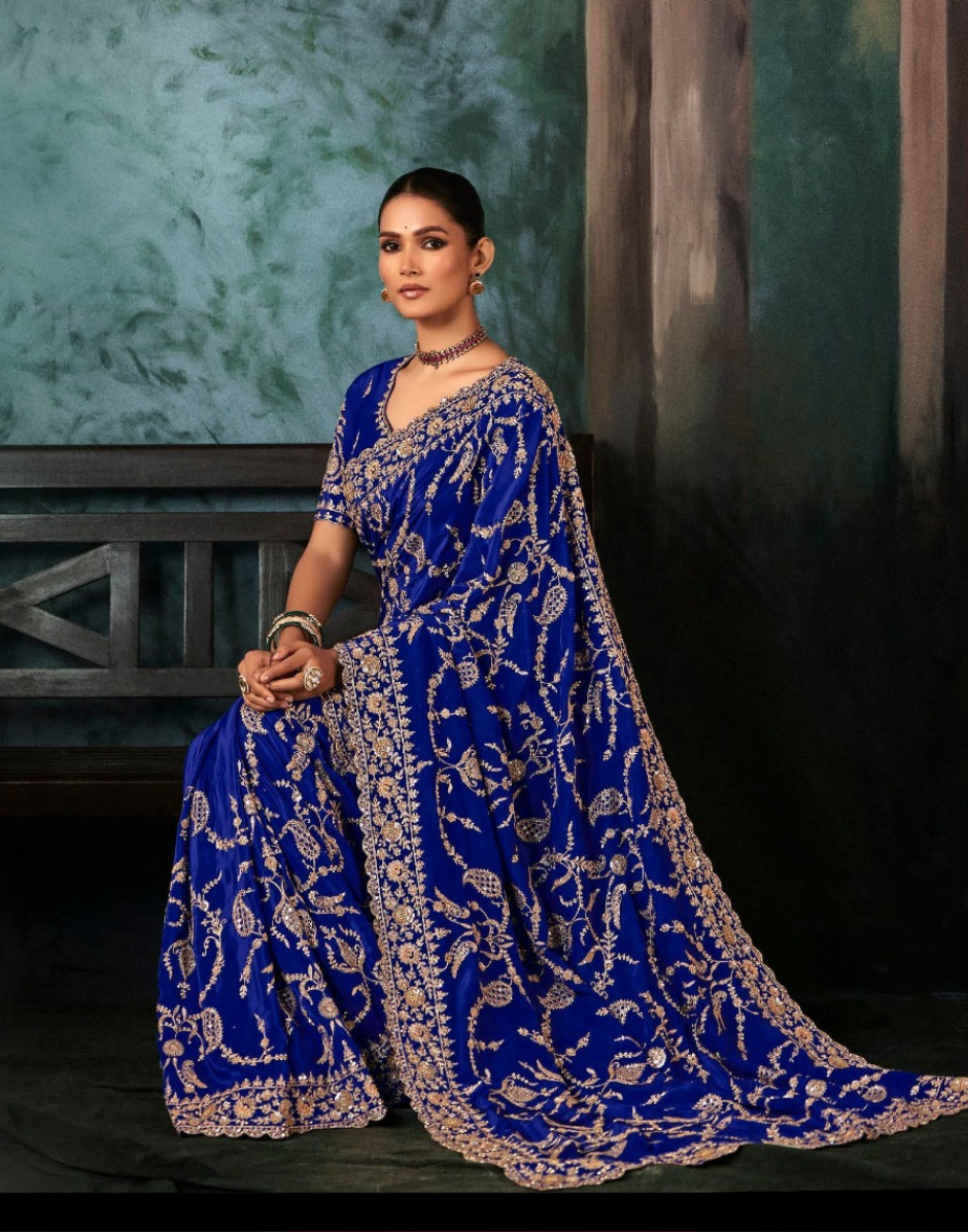 Blue Premium Fancy Saree Aari & Handwork Embroidery with Matching Blouse - Buy_1