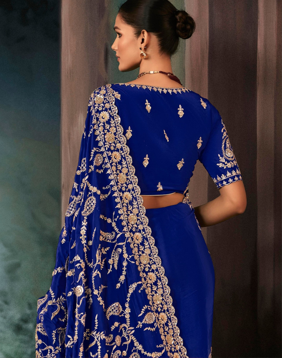 Blue Premium Fancy Saree Aari & Handwork Embroidery with Matching Blouse - Buy_3