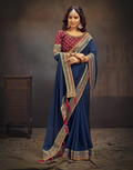 Blue Saree with Swarovski & Sequin Work Elegant Unique Border & Designer Blouse - Buy
