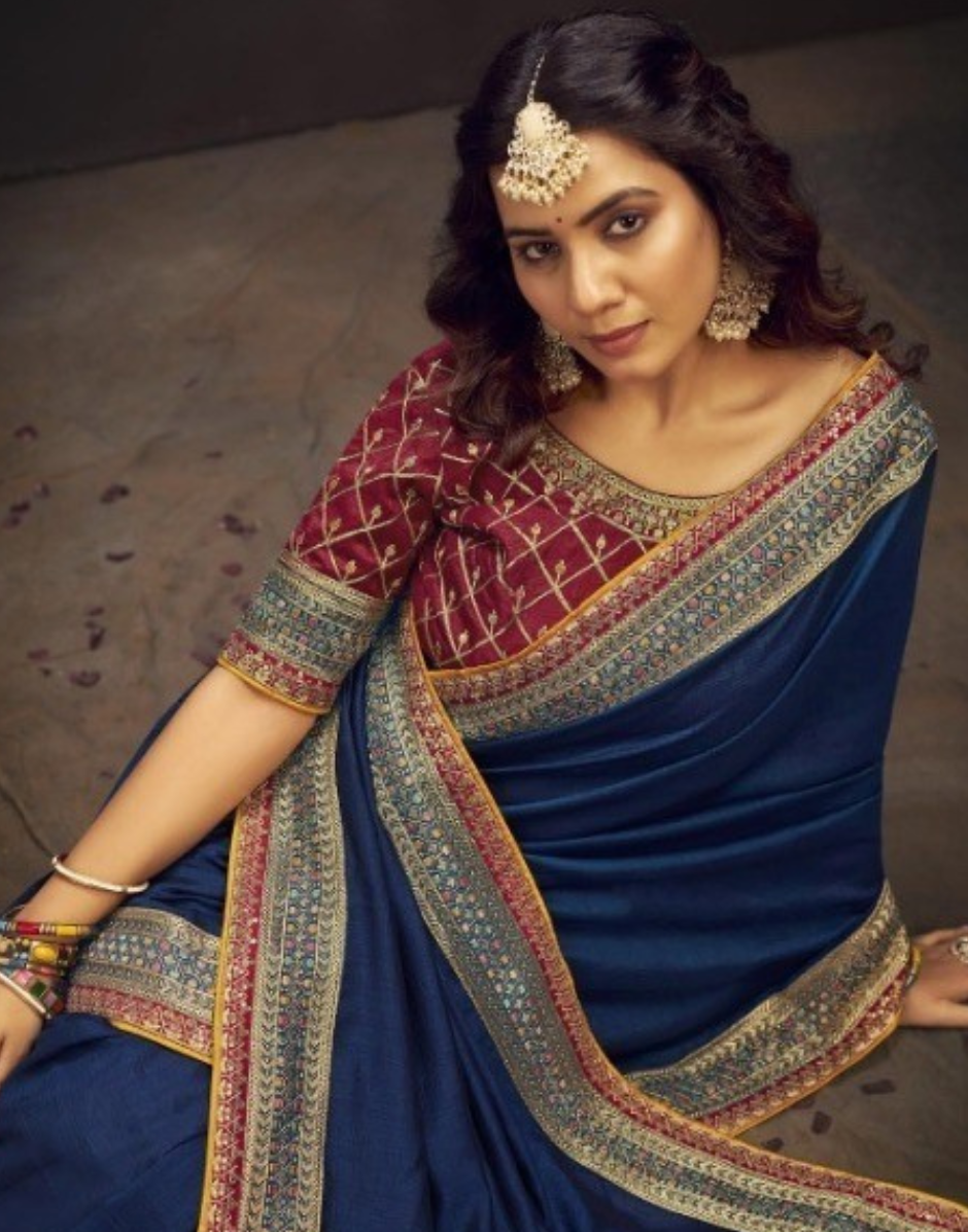 Blue Saree with Swarovski & Sequin Work Elegant Unique Border & Designer Blouse - Buy_1