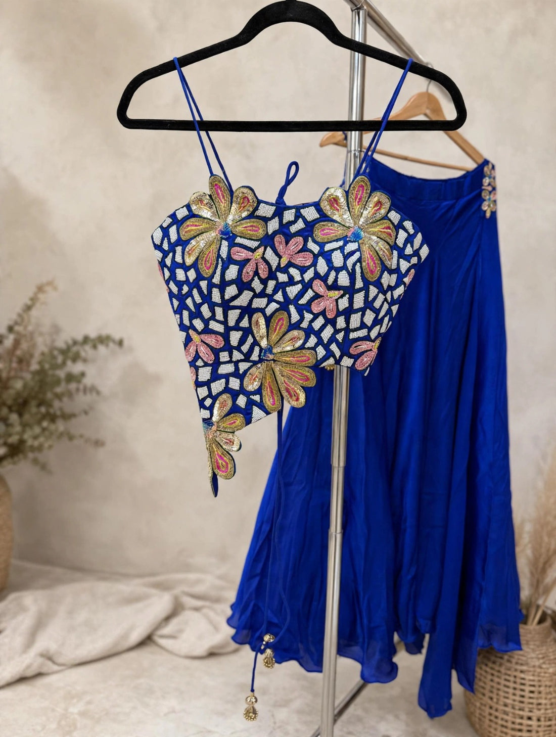 Royal Blue Georgette Embroidered Crop Top Lehenga – RENT