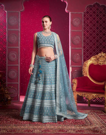 Bluish Grey Net Sequins Embroidered Lehenga Choli & Dupatta