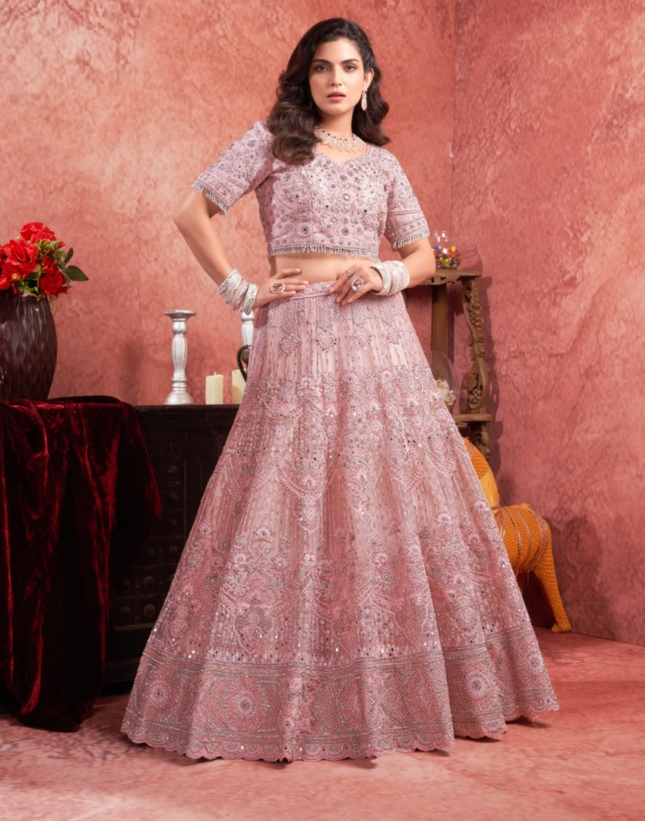 Blush Beauty Premium Baby Pink Lehenga with Mirror Zarkan Embellishments - Buy