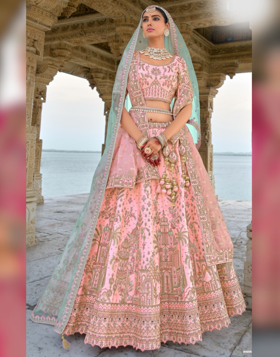 Blush Bride Heavy Pink Silk Lehenga with Stunning Khatli Embroidery - Buy
